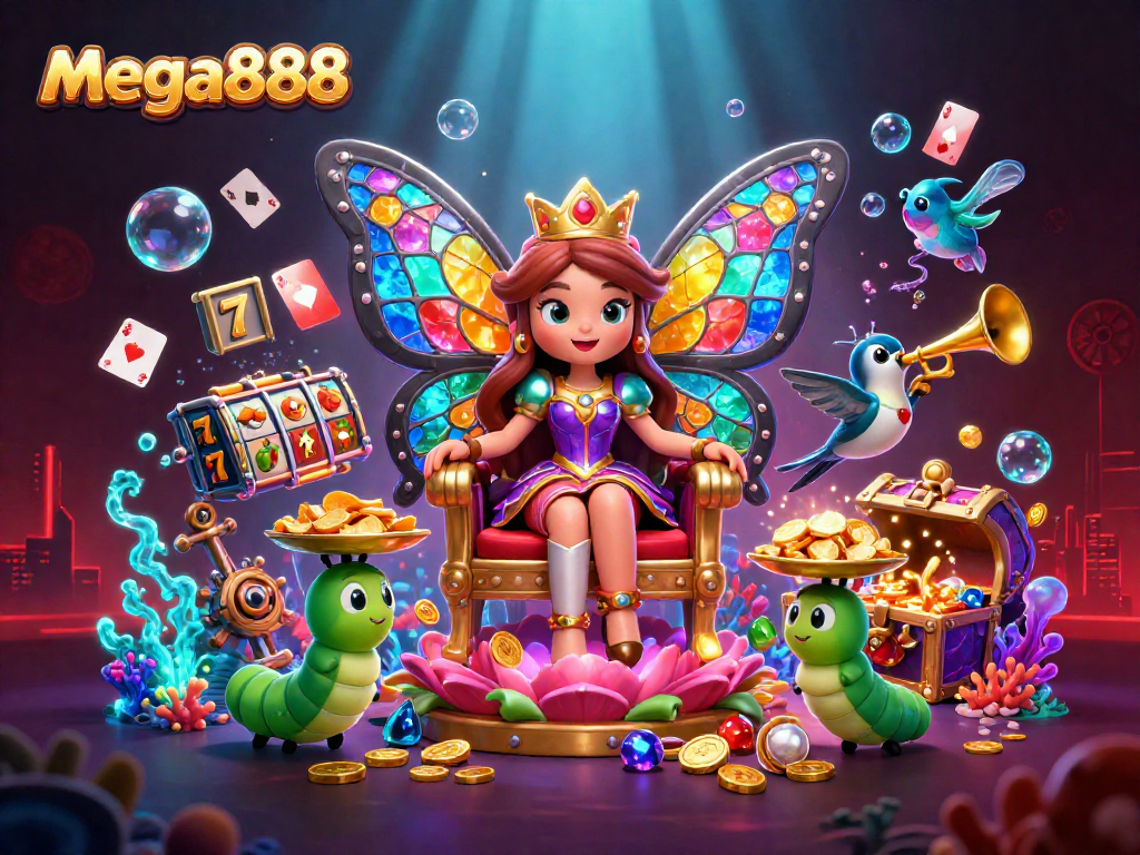 เล่นเกมสล็อต mega888 กับควีนผีเสื้อ และวัตถุการพนันในภาพที่สดใส