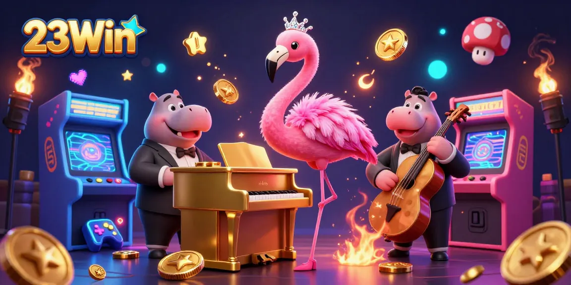 Engage with 23Win's vibrant scene featuring a flamboyant singer and a bassist amidst dynamic gaming elements.