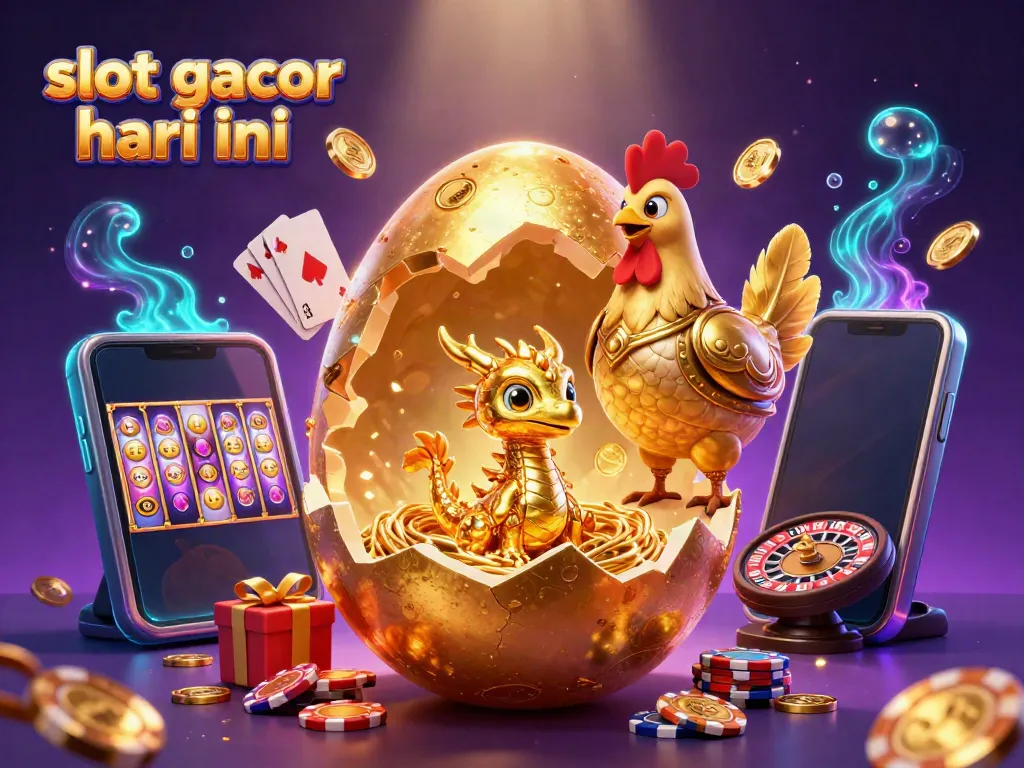 Engage with slot gacor hari ini in an enchanting 3D scene featuring a golden baby dragon amidst vibrant casino elements.