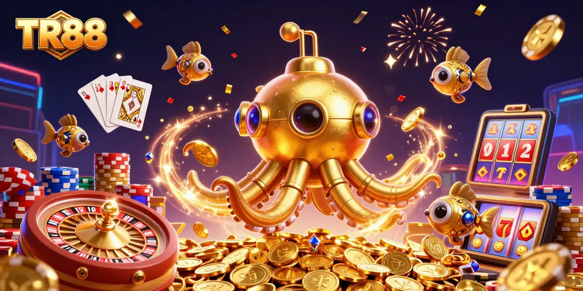 Play exciting games at TR88 with vibrant 3D illustrations of jackpots, poker chips, and celebratory elements.