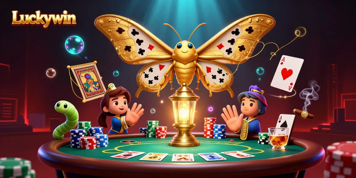 Engage in thrilling gameplay at Luckywin with vibrant casino scenes featuring an atlas moth and poker elements.