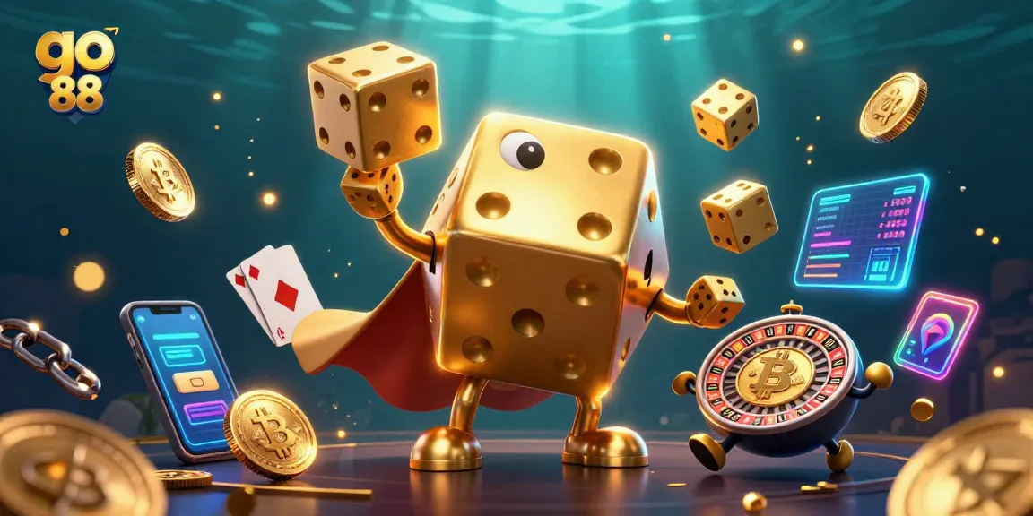 Experience thrilling go 88 action with a vibrant illustration of an animated golden dice golem and crypto elements.