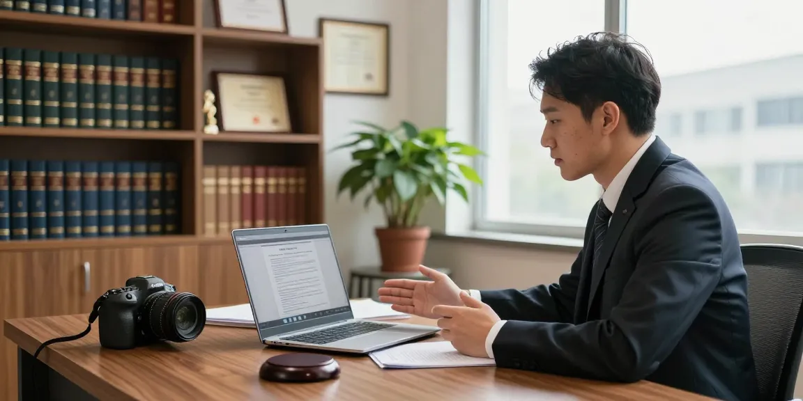 Lawyer consulting online with a client during a video call in a professional office environment.