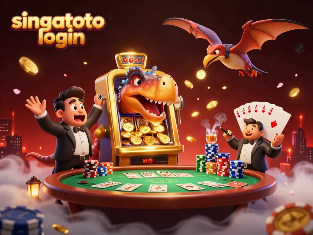 Experience the excitement of singatoto login while a pachycephalosaurus hits a jackpot, surrounded by casino elements.