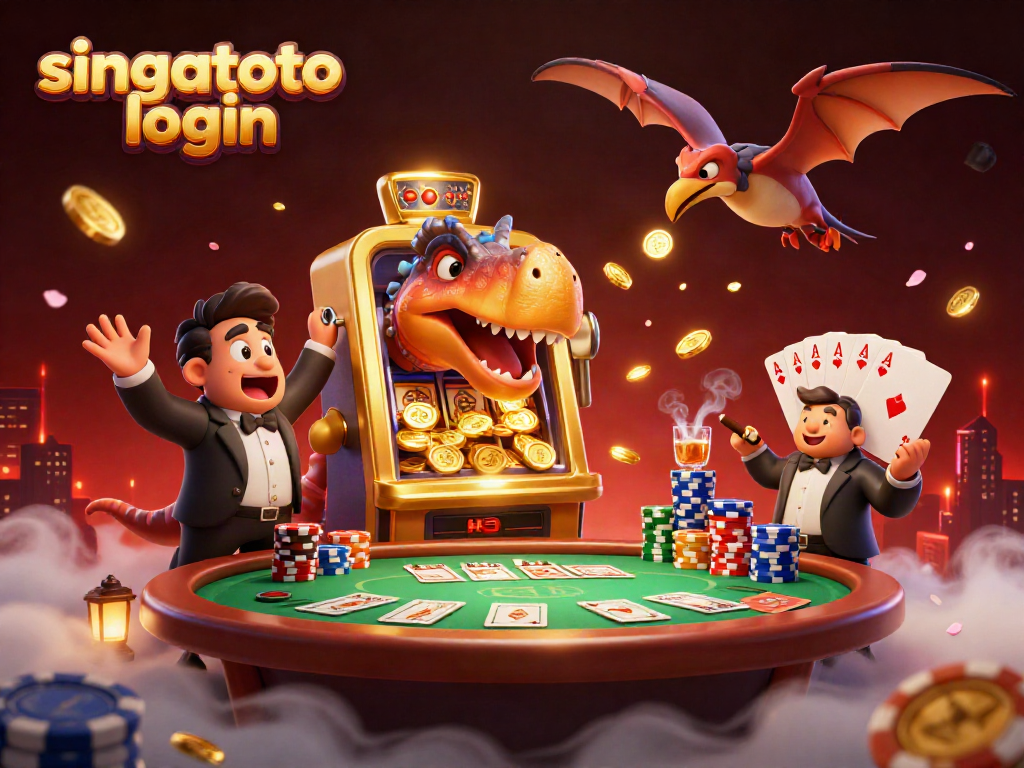 Experience the excitement of singatoto login while a pachycephalosaurus hits a jackpot, surrounded by casino elements.