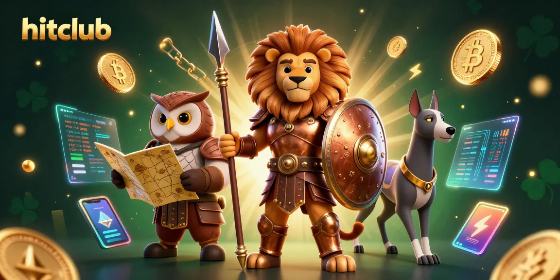 Engage with hitclub as a Spartan lion strategizes winning moves alongside a tactical owl and swift greyhound in a vibrant 3D casino.