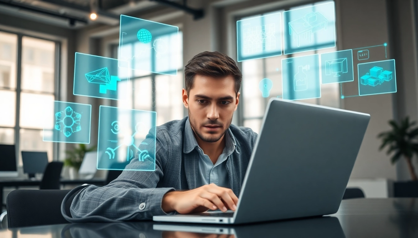 AI image api development showcased by a focused developer with futuristic graphics.