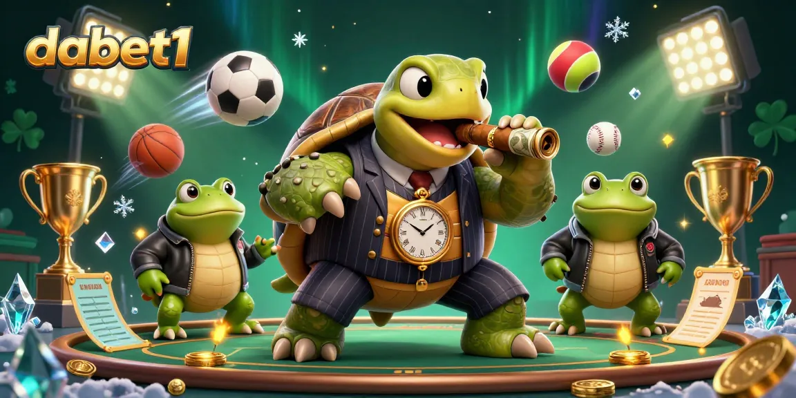 Engage in sports betting at dabet1 with a vibrant scene featuring a turtle mobster and bullfrog enforcers.