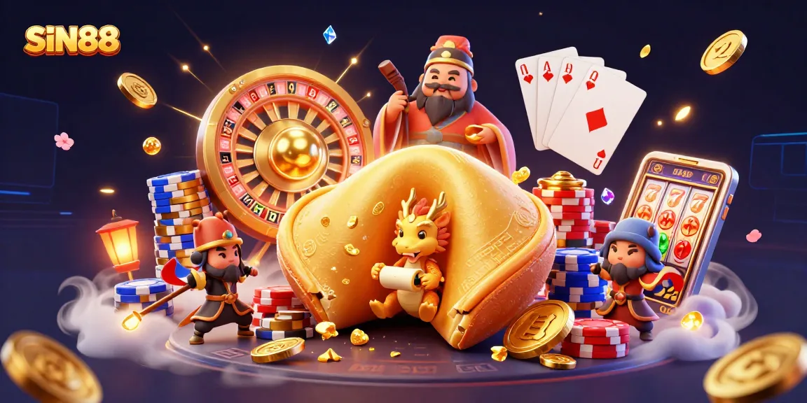 SIN88 highlights a vibrant casino scene with gold coins, a wise dragon, and gaming elements.