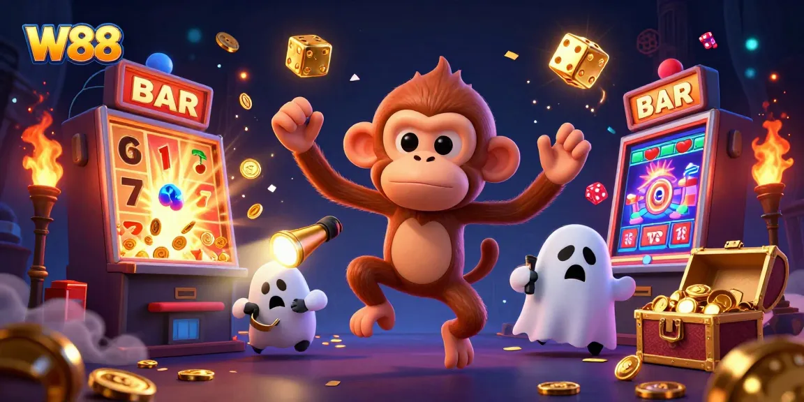 Experience the excitement of W88 with a playful poltergeist and ghost-hunter in a vibrant casino scene.