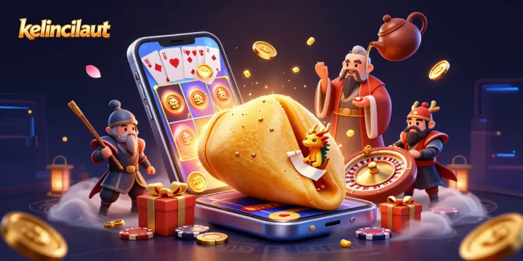 Join the excitement at kelincilaut with a dynamic casino scene featuring fortune symbols and gaming elements.