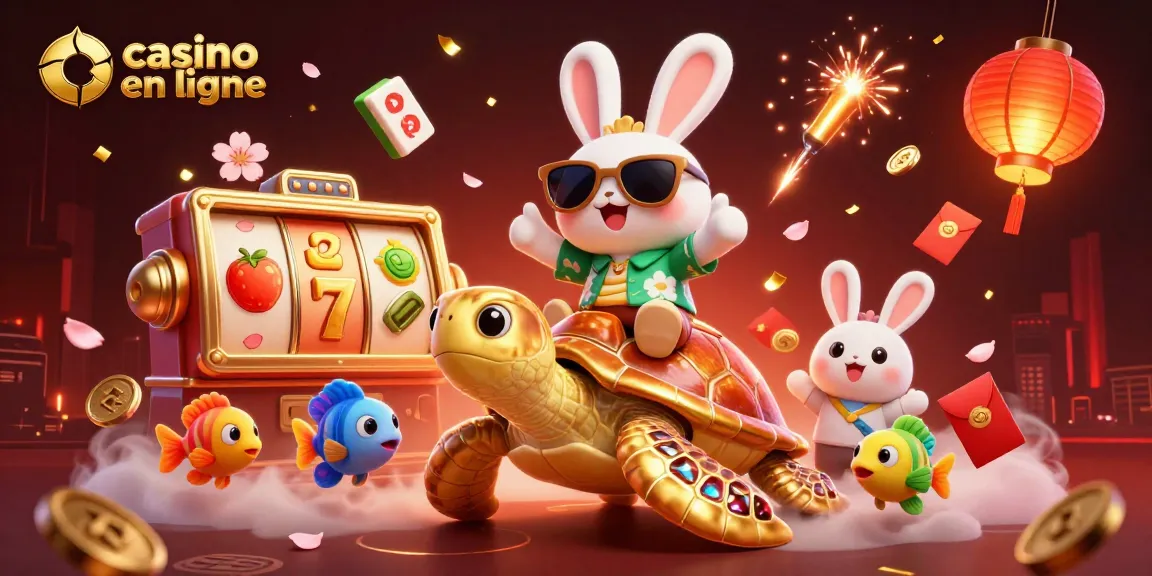 Illustration colorée représentant un casino en ligne avec des éléments de jeu et un lapin chanceux.