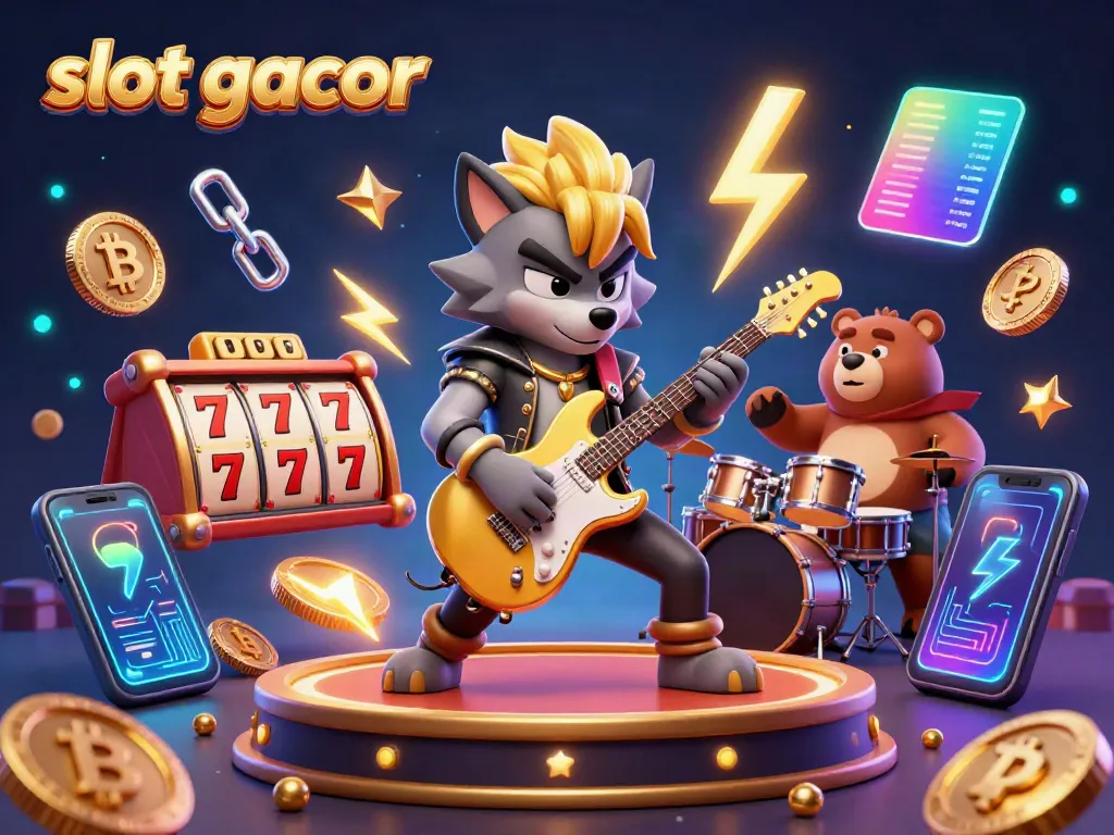 Ilustrasi 3D slot gacor yang menggambarkan karakter serigala dan beruang bermain musik di panggung kasino.