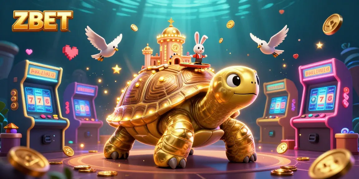 ZBET features a vibrant 3D casino scene with a golden tortoise, dealer rabbit, and arcade machines.