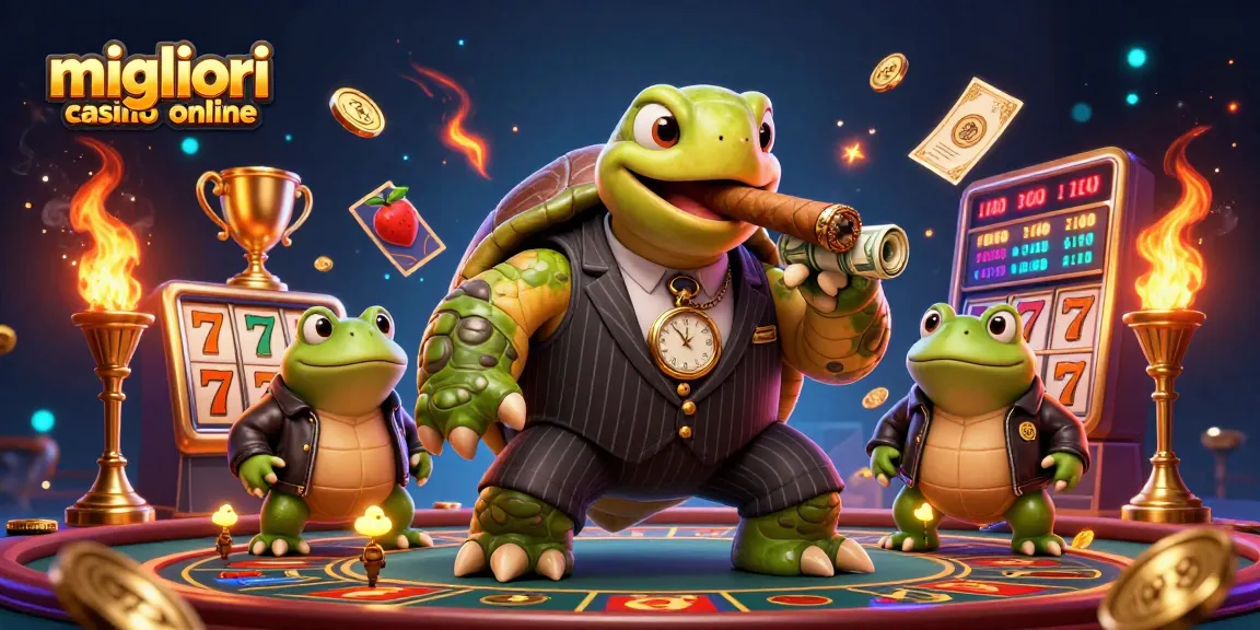 Scopri i migliori casino online con il tartaruga mafioso e le sue guardie in un'illustrazione vivace.