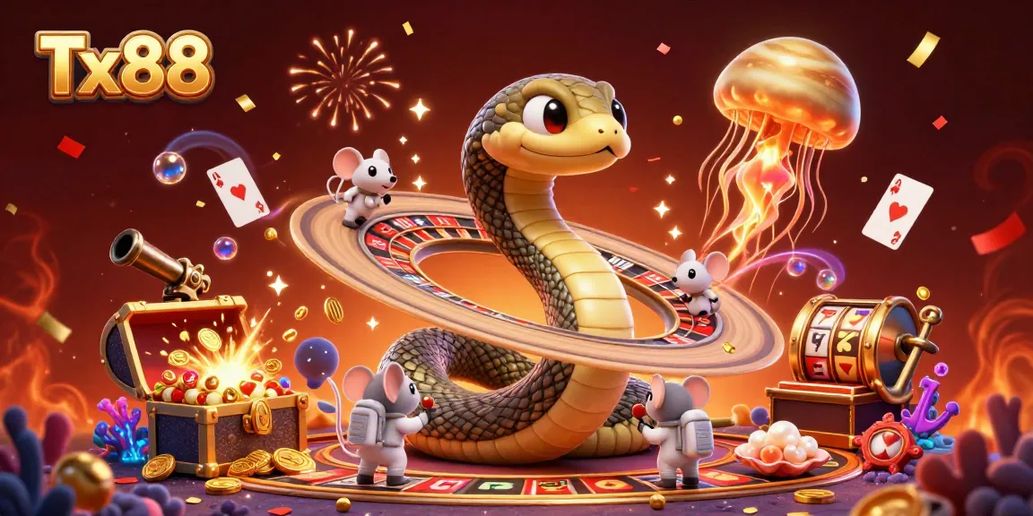 Engage with Tx88’s thrilling cosmic casino featuring a Saturn snake as a roulette wheel, vibrant elements.