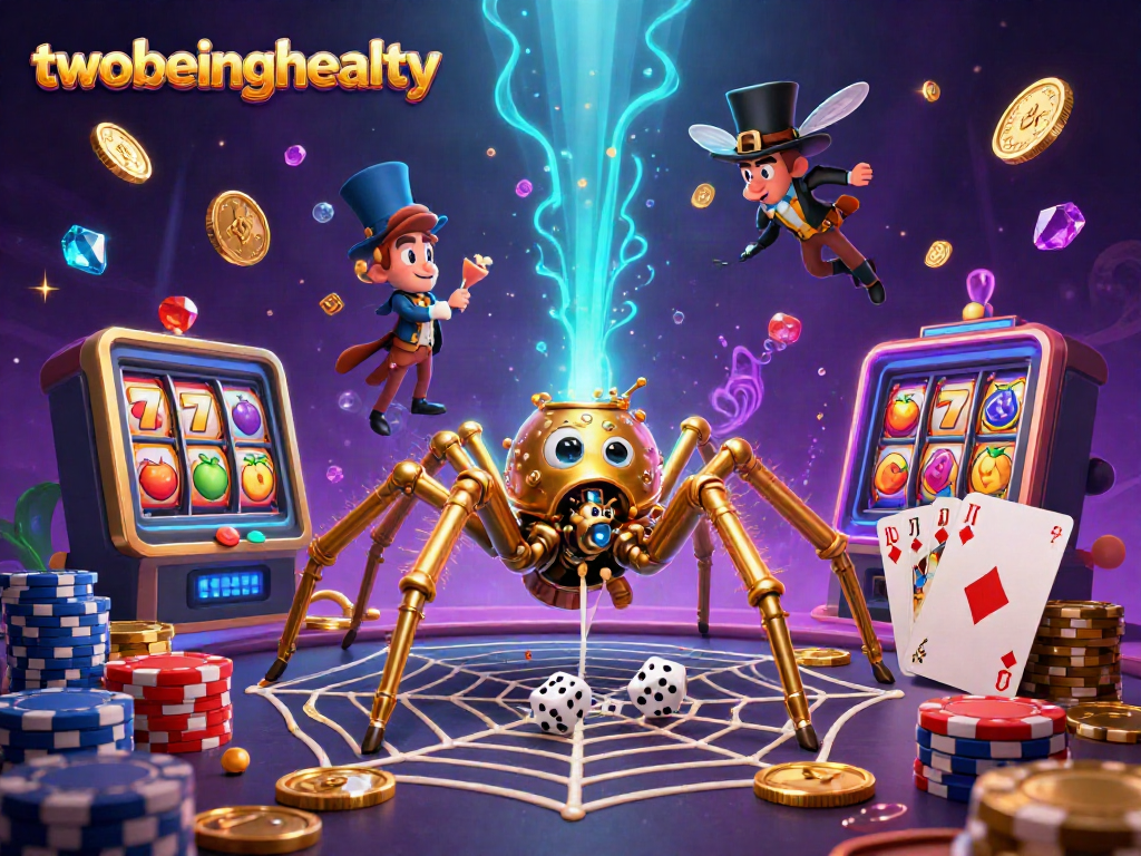 Engaging 3D casino scene featuring twobeinghealty logo, a golden steampunk spider, and wild slot machine winnings.
