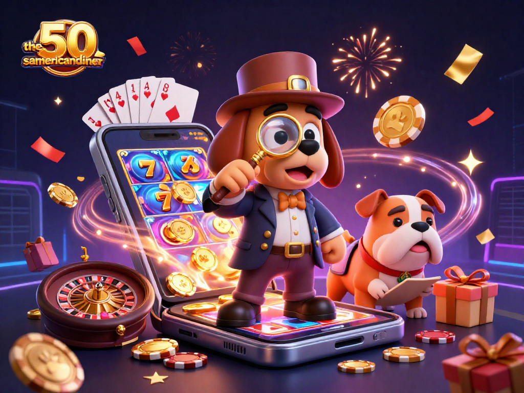 The50samericandiner showcases a jubilant casino scene with a cartoon detective and his bulldog in a vibrant gambling adventure.