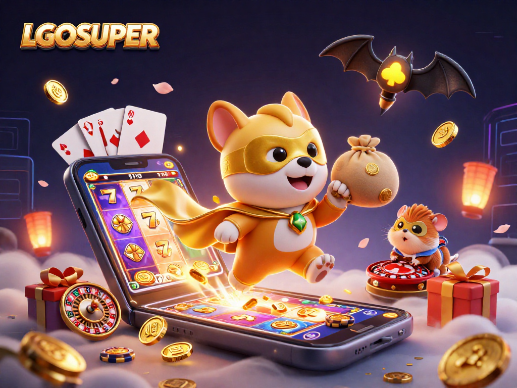 Experience thrilling slots with LGOSUPER as a superhero dog flies amidst gold coins and gaming excitement.