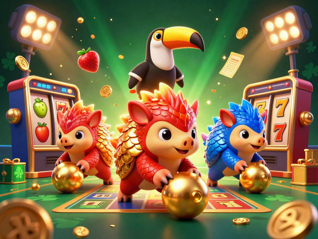Bermain slot dengan karakter pangolin lucu dalam suasana meriah, slot mesin, dan koin emas.