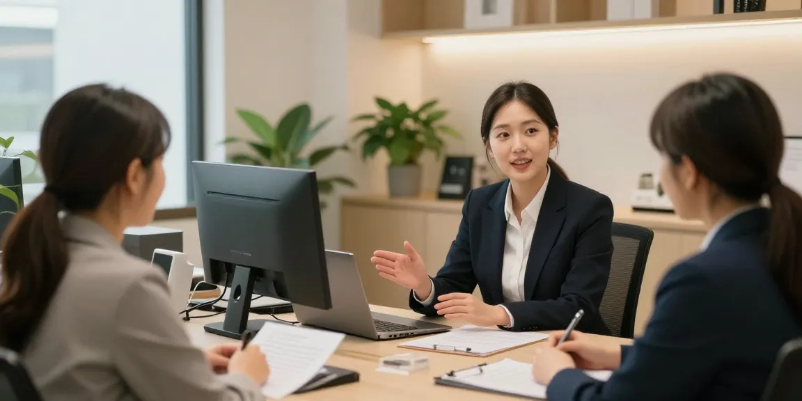 Trusted 오피코리아 local services provider consulting with clients in warm office