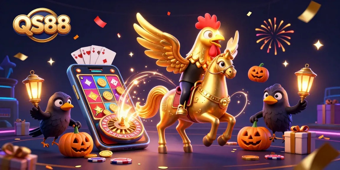 Experience the excitement of QS88 with a golden rooster and spooky companions in a thrilling casino scene.