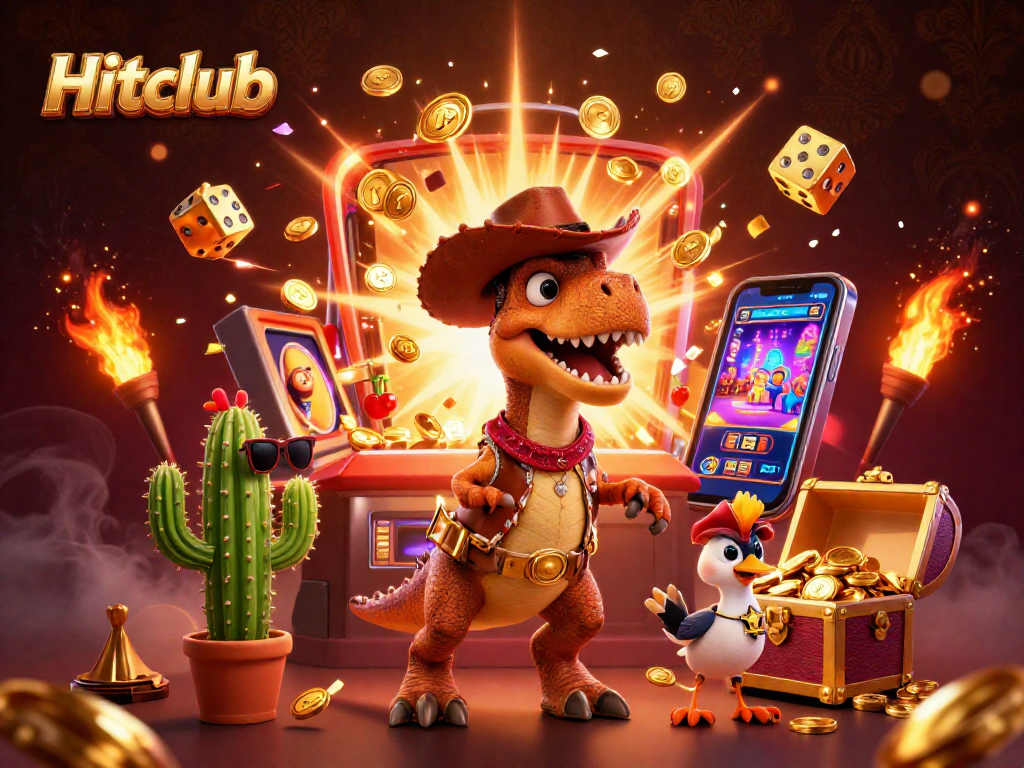 Hitclub's vibrant 3D slot scene showcases a T-Rex, cactus, and roadrunner celebrating a jackpot.