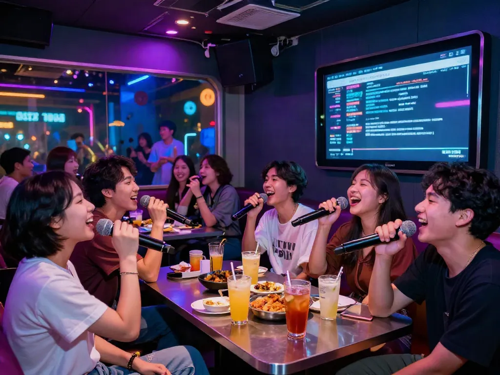 강남 달토에서 즐거운 분위기의 가라오케 장면, 다양한 손님들이 노래를 부르는 모습.