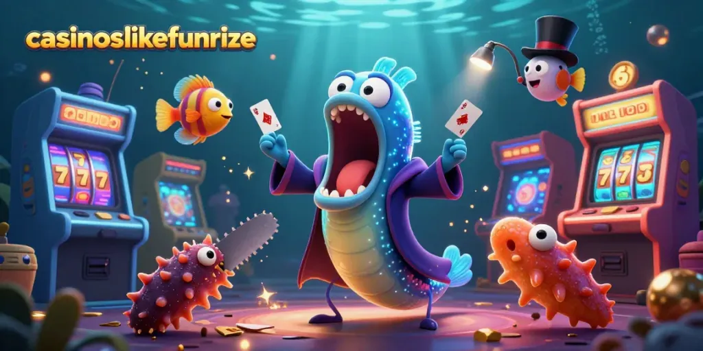 Experience the excitement of casinoslikefunrize in an underwater casino scene featuring a deep-sea gulper eel magician.
