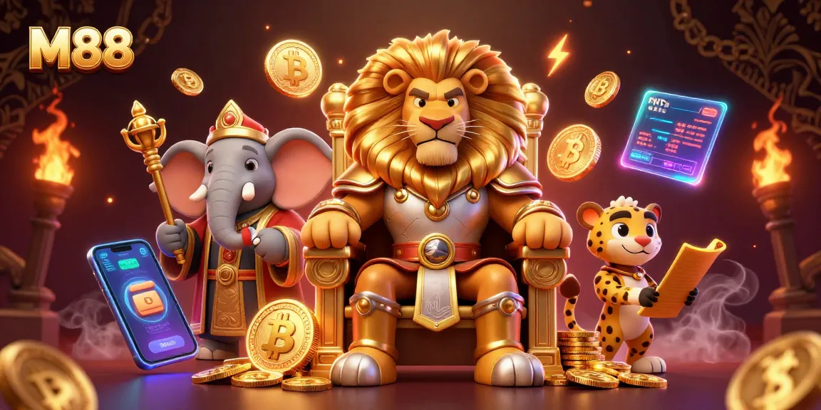 Engage with M88's dynamic gaming landscape featuring a majestic lion king surrounded by cryptocurrency elements.