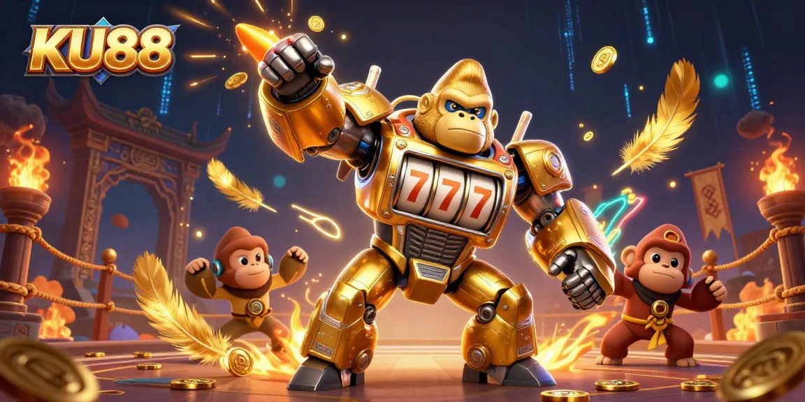 Engage with KU88 in this vibrant 3D illustration showcasing a golden gorilla mech with slot machine elements.