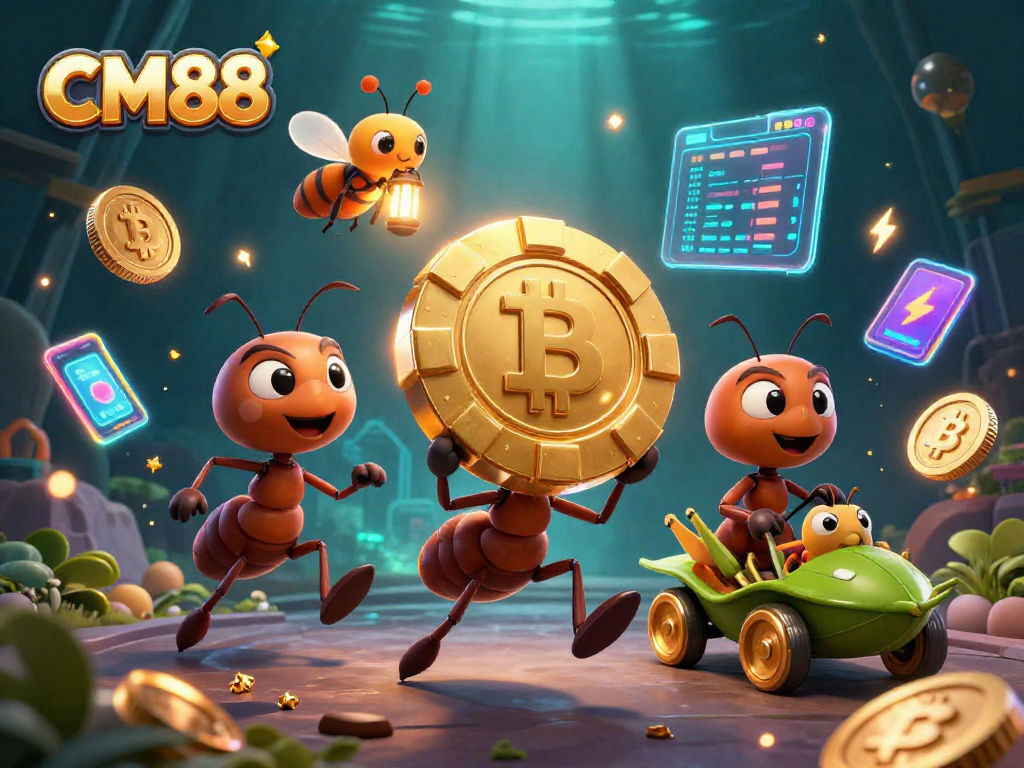 CM88 showcases a 3D cartoon heist with ants carrying a giant poker chip amidst vibrant crypto elements.