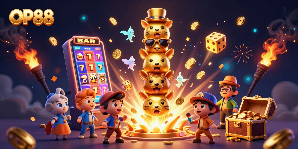 Engage jackpots at OP88 with vibrant slot machines and a golden totem in dynamic 3D action.