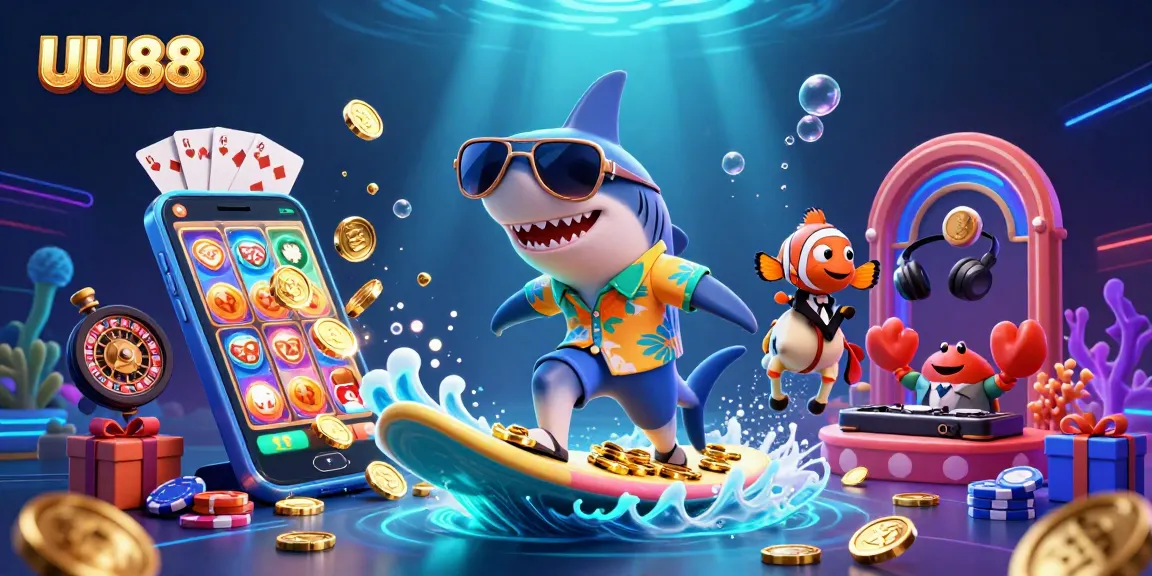 Play exciting games with UU88 in a vibrant 3D casino scene featuring colorful slot elements.