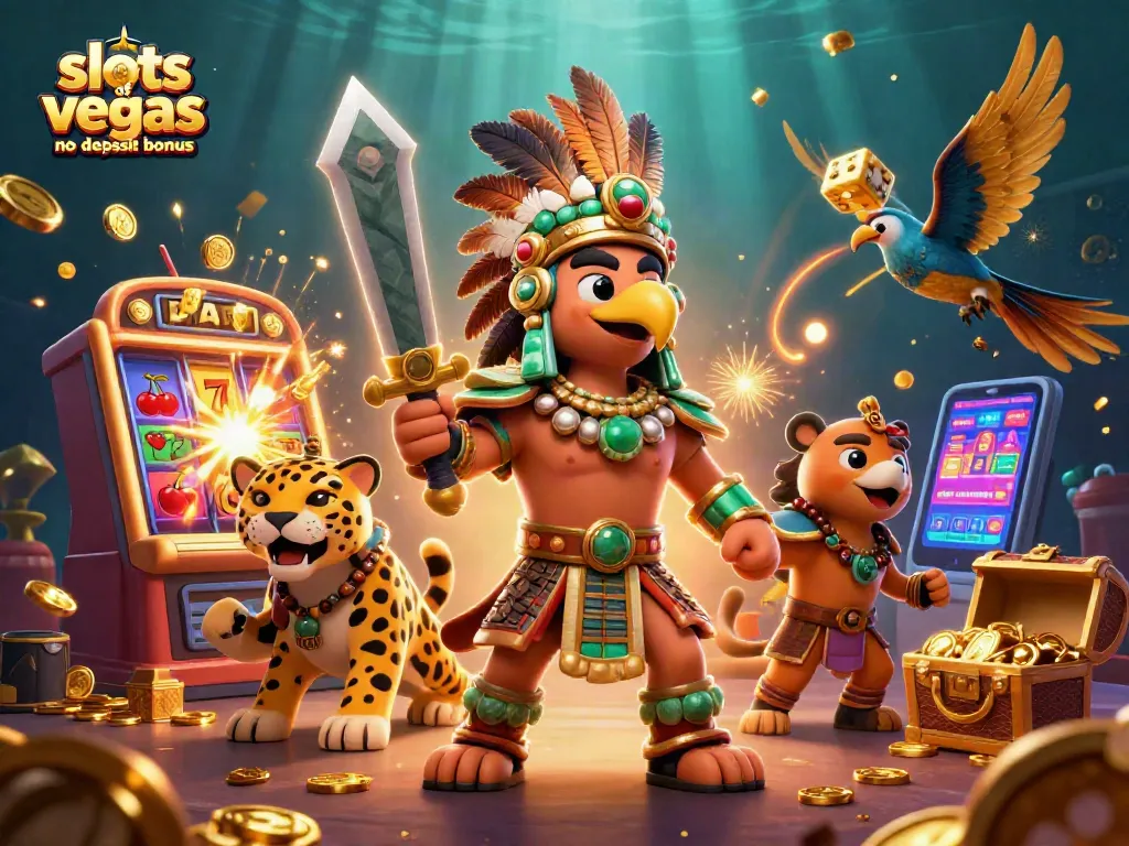 Experience the thrills of the slots of vegas no deposit bonus with vibrant Aztec warriors and dynamic casino elements.