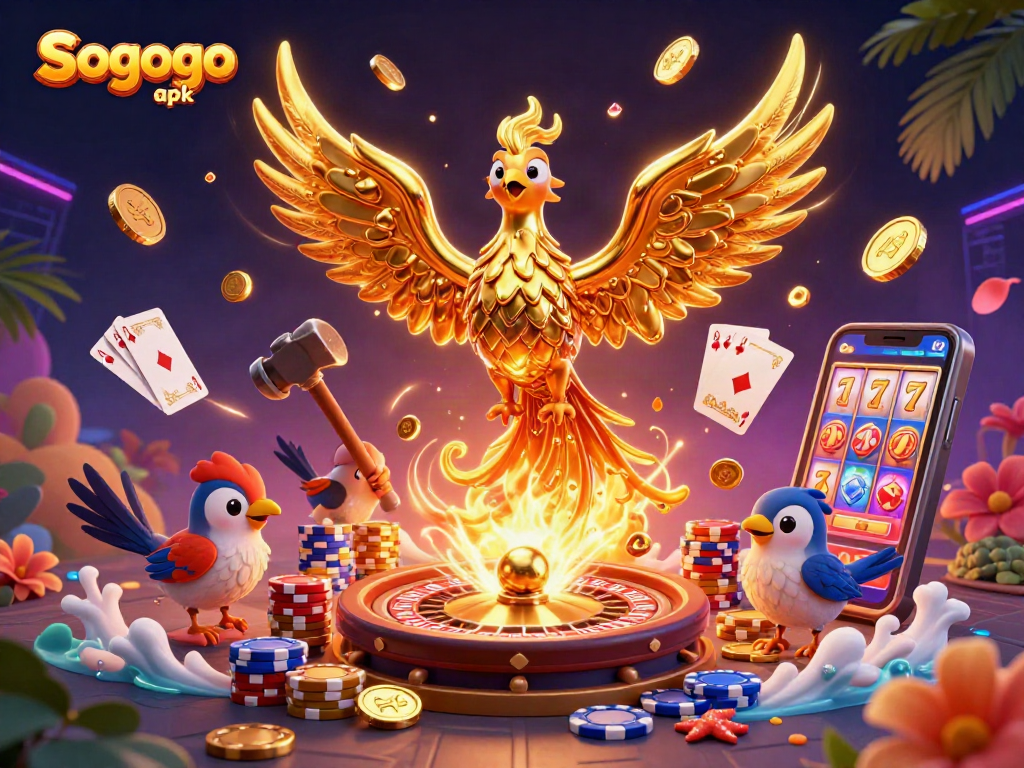 Engage with Sogogo apk's thrilling gameplay as golden coins, roulette wheels, and poker cards fill the scene.