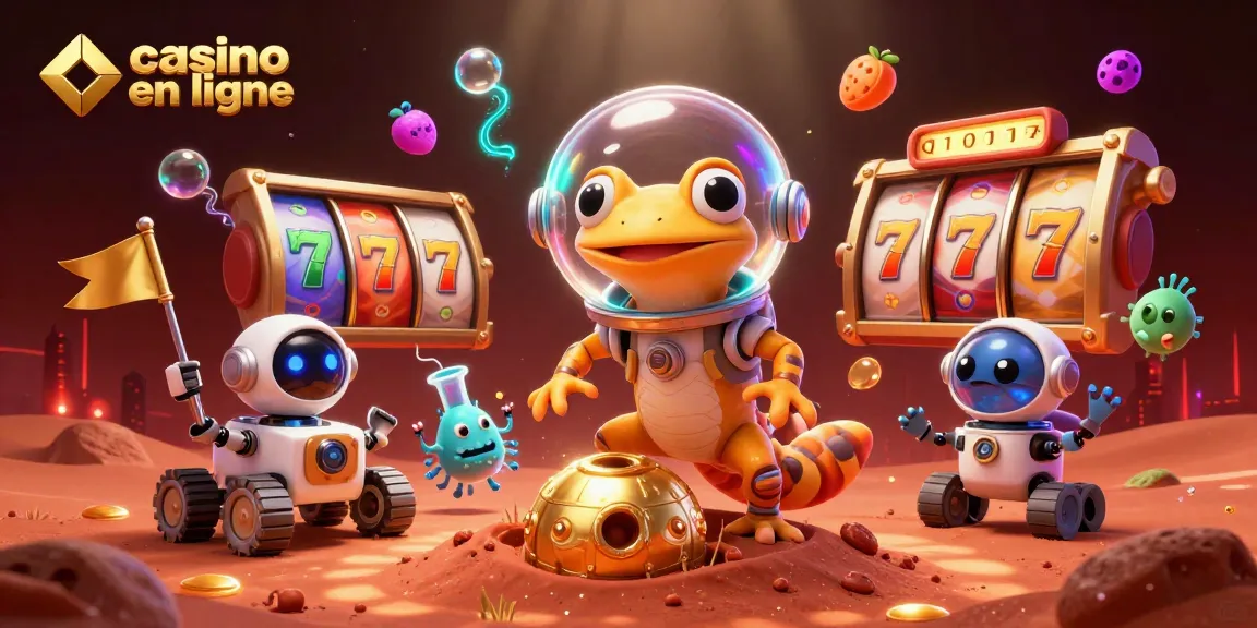 Le casino en ligne illumine un gecko martien en exploration avec des éléments de jeu dans un paysage extraterrestre.