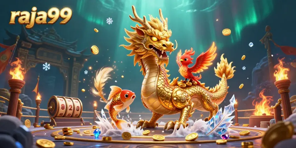 Engage in thrilling gameplay at raja99 with a golden dragon and phoenix in a dynamic casino scene.
