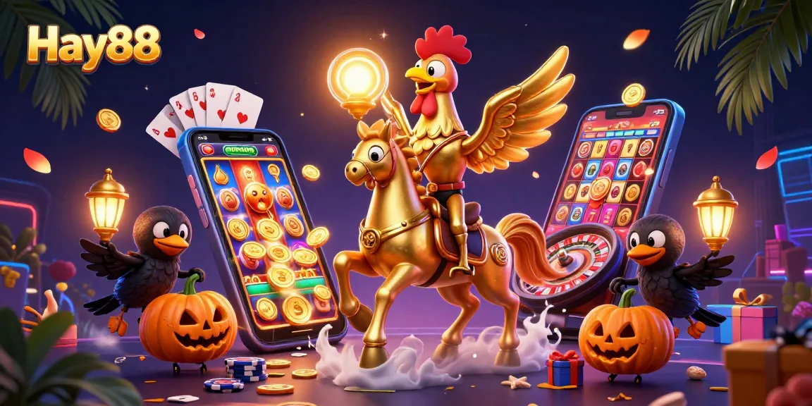 Experience magical gameplay at Hay88 with a golden rooster and golden lanterns in a vibrant casino