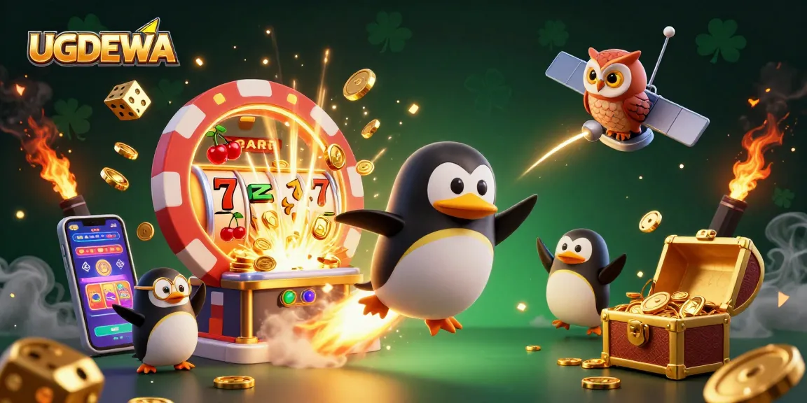 Spin the reels with UGDEWA's vibrant slot experience, featuring a golden penguin and bursting jackpots.
