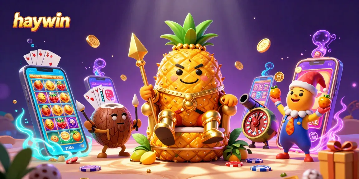 Engage with haywin's vibrant 3D casino scene featuring a golden pineapple king, lively game elements, and dynamic action.