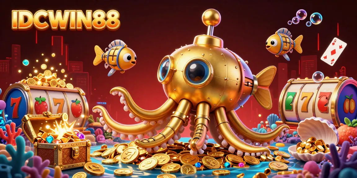 Experience the excitement of IDCWIN88 with a vibrant underwater scene featuring a golden kraken submarine amid a treasure-filled casino.
