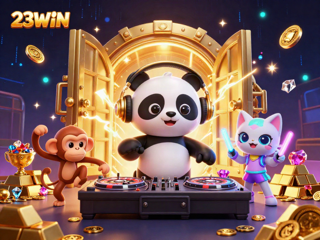 Experience the thrill of 23WIN with vibrant 3D characters dancing and gaming in a festive casino atmosphere.