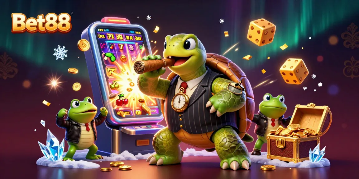 Bet88 cartoon casino scene featuring a snapping turtle and bullfrogs surrounded by jackpot elements.
