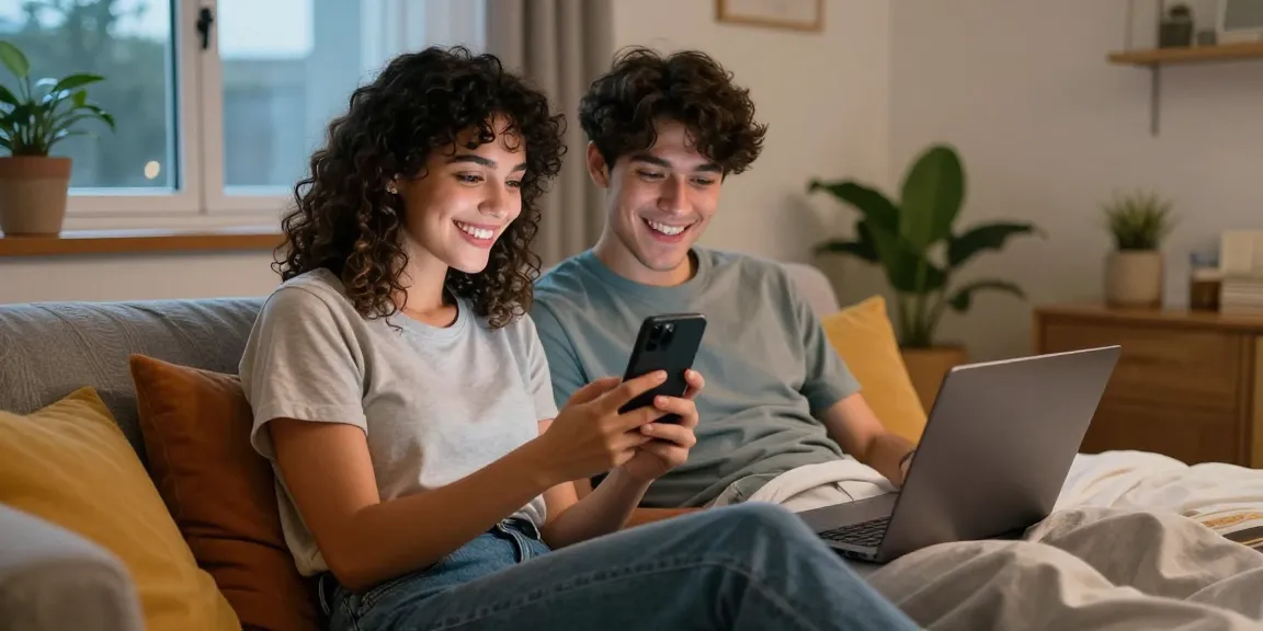 Couple engaged in playful ai sexting over a video call in a cozy home setting.