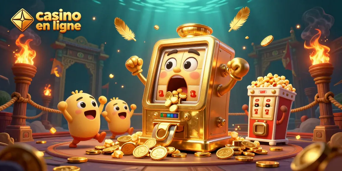 Les joueurs gagnent au casino en ligne avec une machine à sous animée et des pièces d'or tombant.