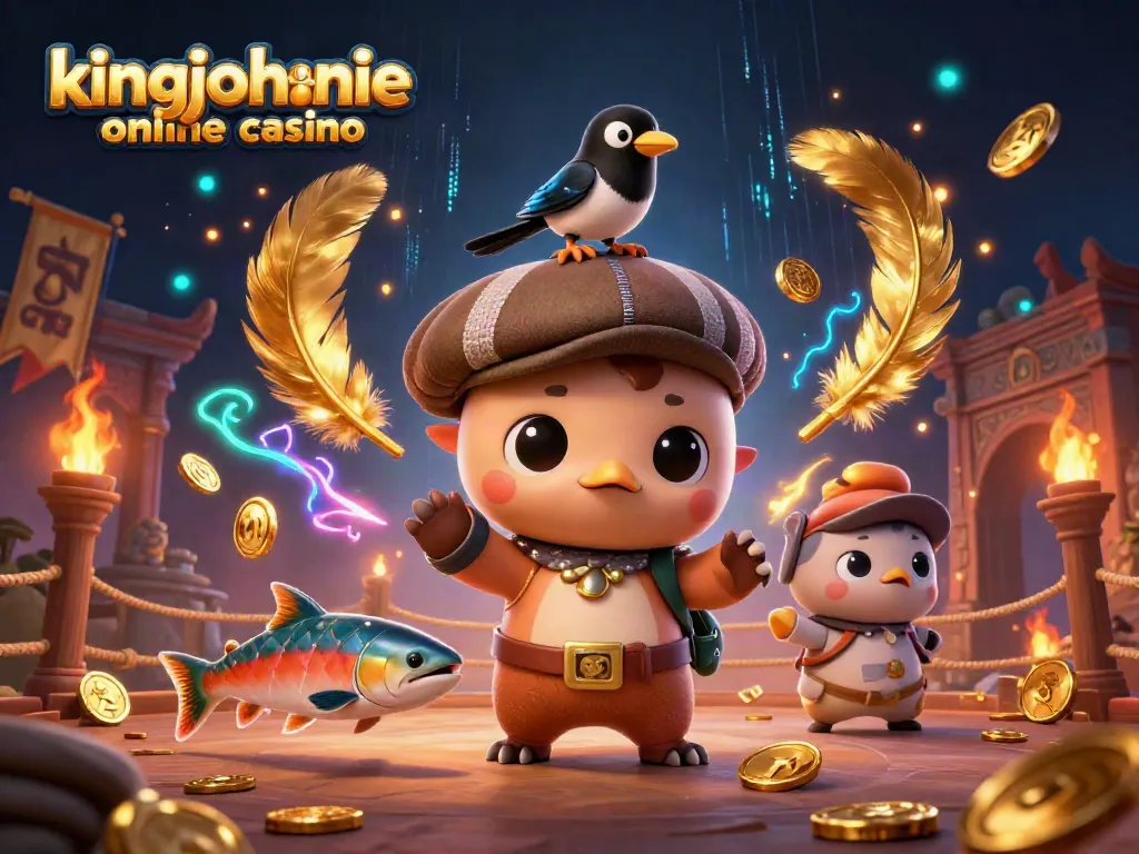 Engage with kingjohnnie online casino in a vibrant 3D illustration featuring cartoon characters celebrating wins amidst dynamic gaming elements.