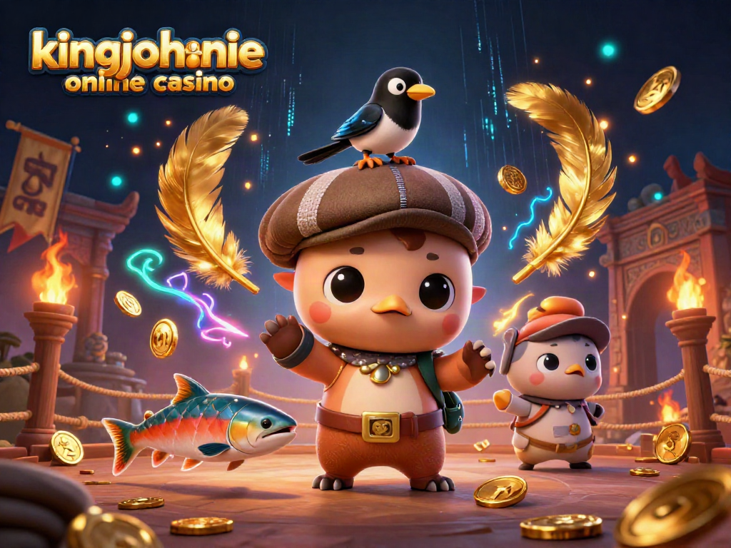 Engage with kingjohnnie online casino in a vibrant 3D illustration featuring cartoon characters celebrating wins amidst dynamic gaming elements.