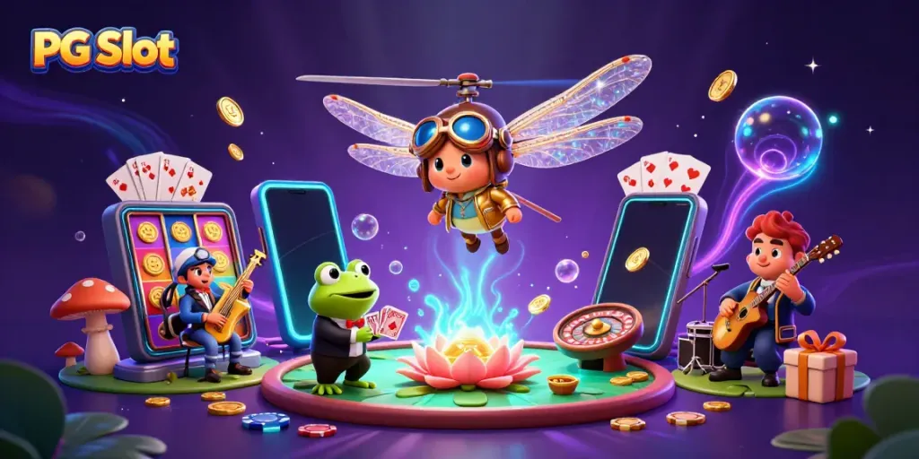 Permainan PG Slot dengan ilustrasi kasino yang megah dan dinamis, menampilkan karakter dan elemen khas permainan.