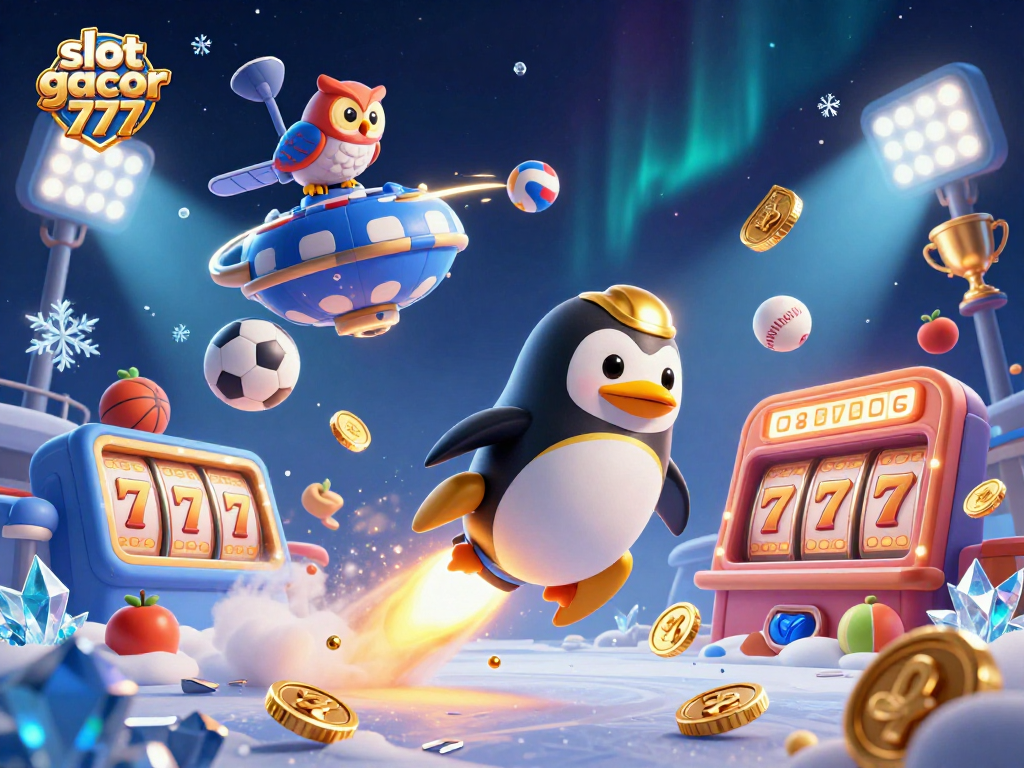 Experience slot gacor 777 thrill as a golden penguin navigates a casino-themed galaxy filled with dynamic elements.
